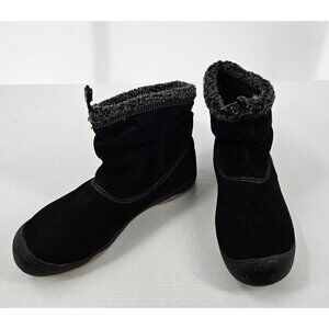 Eddie Bauer Women 8 Hedy Black Pull-on Boots Leather Suede Faux Fur Cinch Top